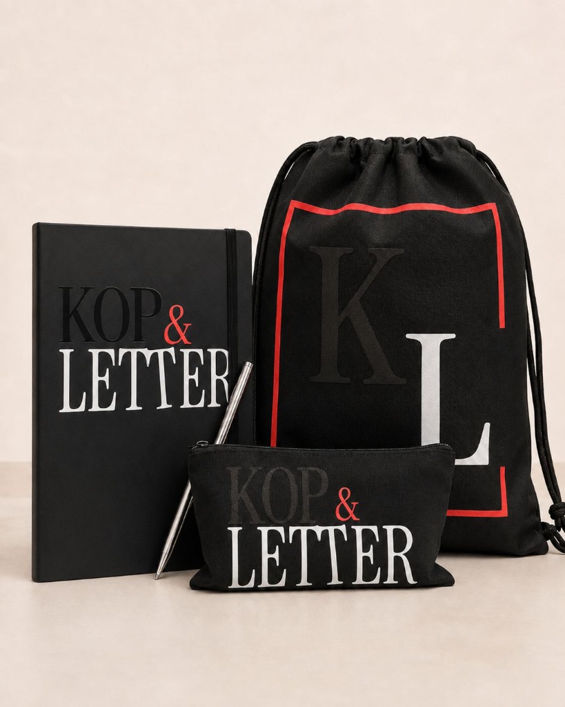 Set voor Kop en Letter: tas, schrift en etui.